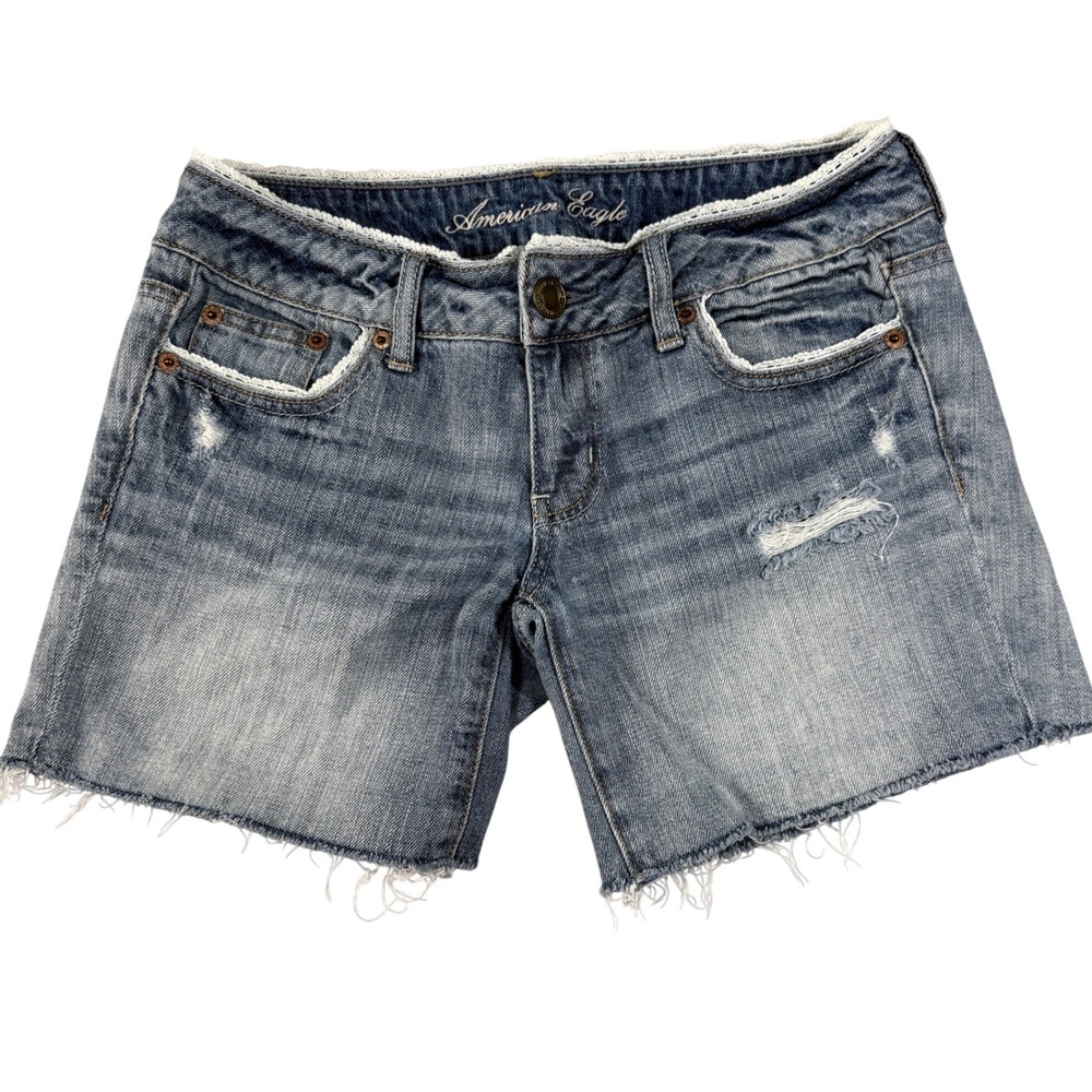 American Eagle Denim Shorts Women 2 Blue Good Lace Trim Distressed Cutoff